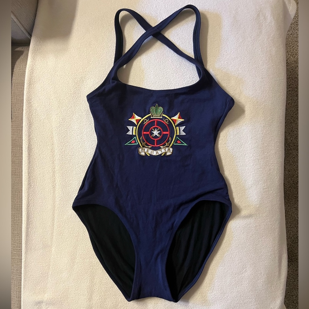 Adrienne Vittadini Navy Blue One-Piece Swimsuit with Embroidered Crest